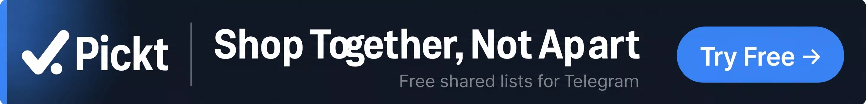 Banner lebar Pickt — aplikasi senarai beli-belah kolaboratif untuk Telegram